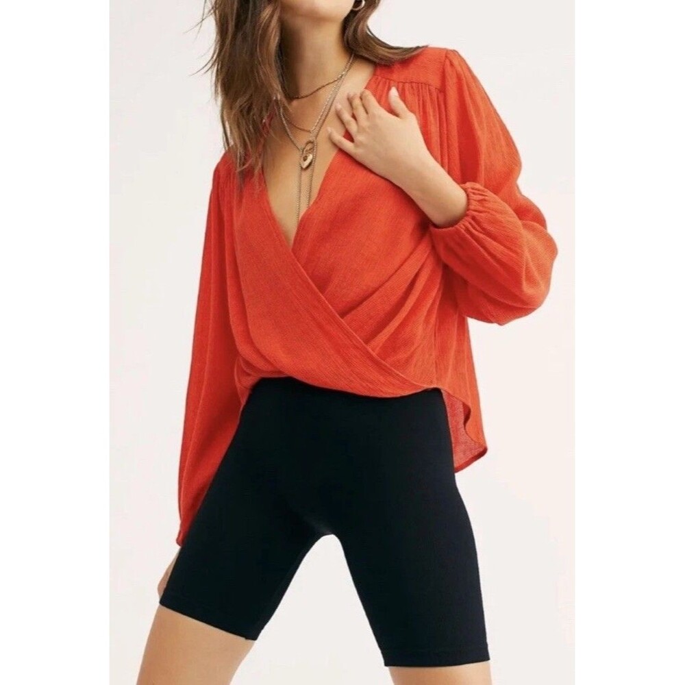 Free People Blouse Top Sz S Wrap Top Red Shirt V-neck‎ Flowy Fairycore Whimsical